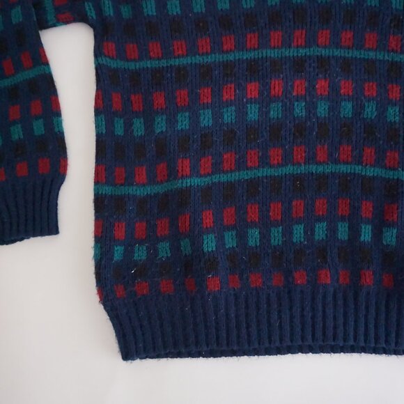 Vintage Scandia Navy Teal Red Wool Patterned Crewneck Sweater Retro Eclectic M - Picture 7 of 9